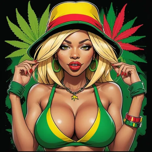 Prompt: Cartoon characture graffitti Marijuana rasta blonde revealing extra large cleavage wearing a Jamaican hat bold black yellow green red 