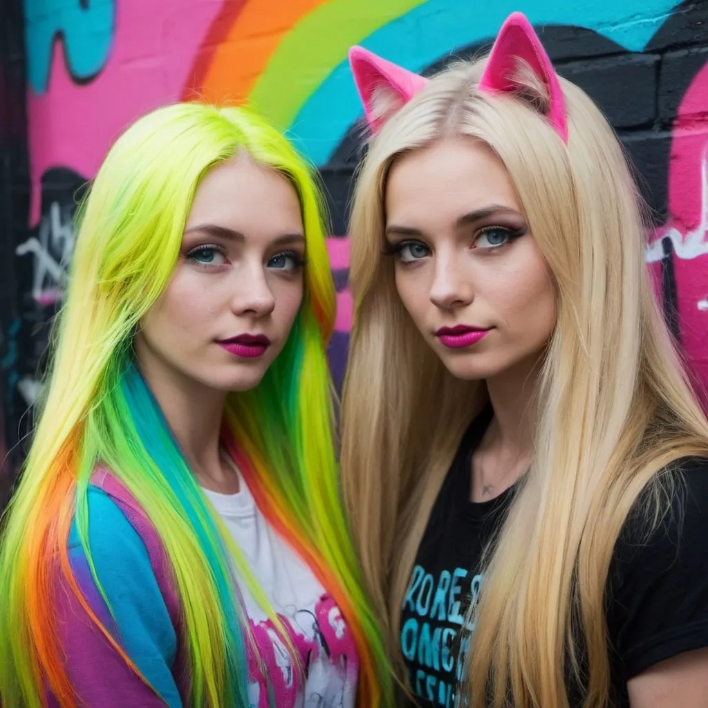 Prompt: graffitti blonde neon rainbow long hair the Chester cat and Alice