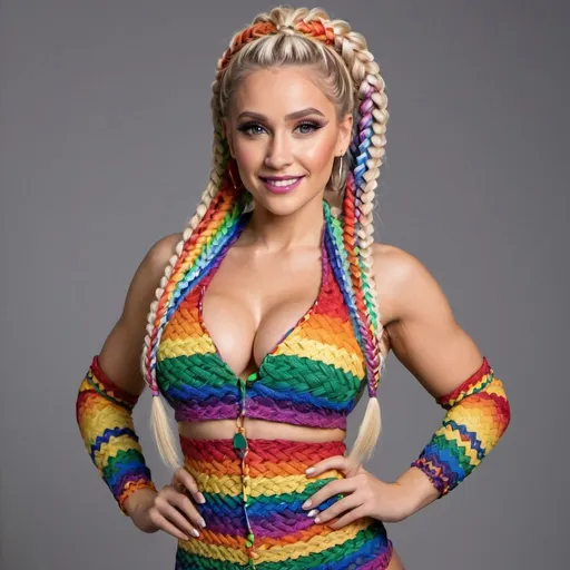 Prompt: Blonde female rainbow microbraided hair large cleavage revealing  matching outfit holding onto an alf