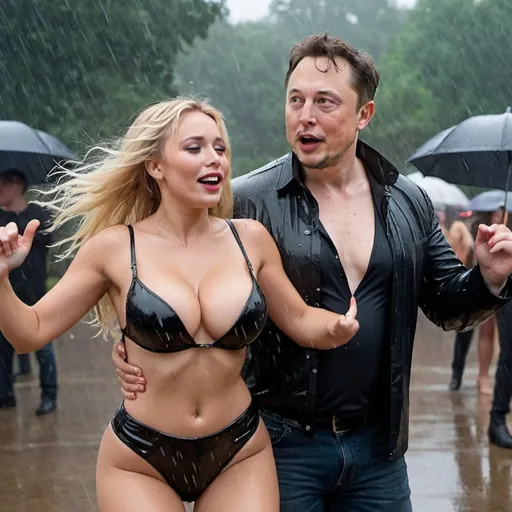 Prompt: Blonde female revealing extra large cleavage dancing in the rain with  her boyfriend elon musk