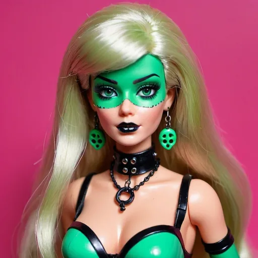 Prompt: Dominatrix barbie with green eyes and cosplay psycadelic and morbid 