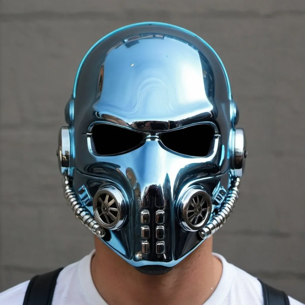 Prompt: Gangster light blue chrome face helmet mask creative custom Cyber punk The perfect man 