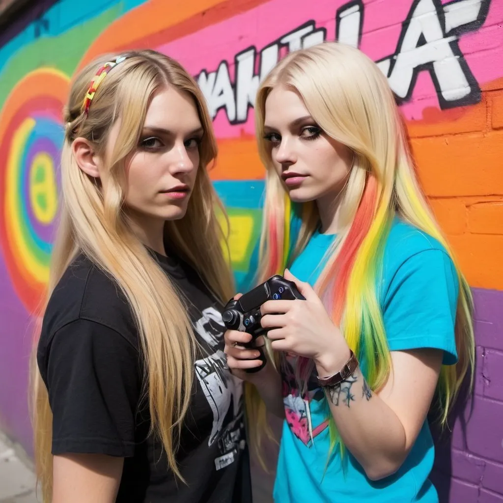 Prompt: graffitti blonde neon rainbow long hair and Alice playing grand theft auto