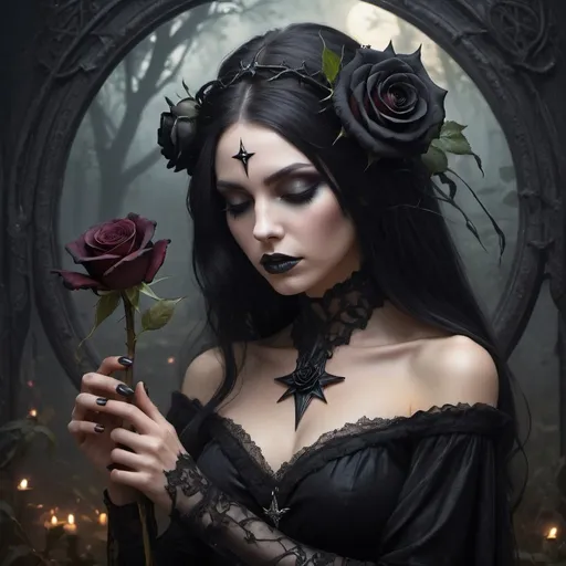 Prompt: A morning star widow holding a black rose of sorrow Inside a realm of her own thoughts and fantasy for exotic forplay fairdust and fairy and fire flies