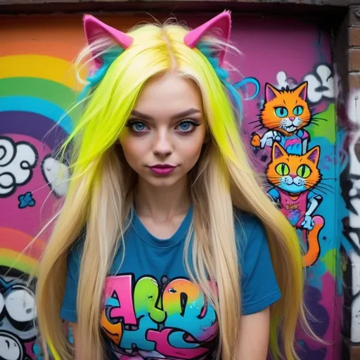 Prompt: Cartoon attitude  characture graffitti blonde neon rainbow long hair the Chester cat and Alice on acid 