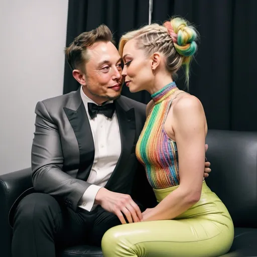 Prompt: Petite blonde female green eyes and rainbow pastel colored microbraided updo hairs with slim waste and wide rear sitting on elon lap facing towards his face and. Round juicy rear end facing out straddling one leg on each side over his lap and kissing elon musk who is sitting in a black thrown with gold trim on it and techno themed revealing