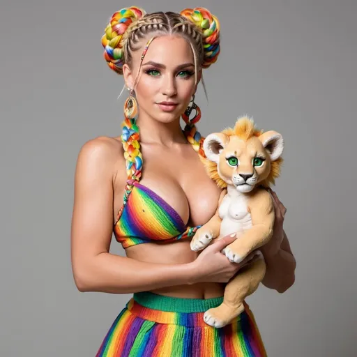 Prompt: White caucasian  Blonde female green eyes  micro braided rainbow colored updo hair wearing matching outfit 2 piece revealing large cleavage and matching skirt tight holes carrying a baby lion