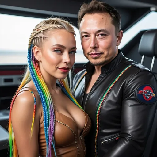 Prompt: Beautiful blonde with rainbow microbraided hair wearing matching leather designer revealing outfit and in love with Elon musk and both getting on his jet together 