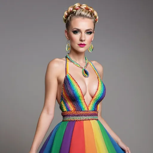 Prompt: Blonde female with green eyes  large cleavage rainbow microbraided hair updo matching makeup designer and matching designer cocktail dress and high heel shoes 