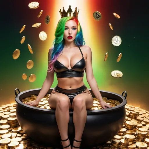 Prompt: A beautiful blonde petite female small leather strapped 2 piece outfit classy but revealing exotic dancer popping out of a pot of gold bitcoins money falling all around her  with full sized red lips and fullchest size green eyes and rainbow hair sitting on elon musk lap in his thrown and they are both wearing crowns
