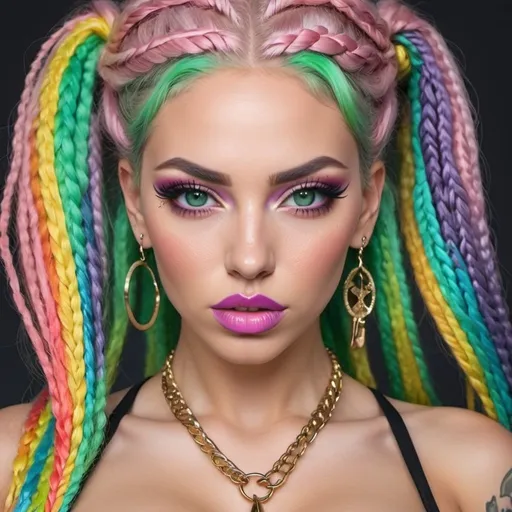 Prompt: gangster character green eyes revealing extra large cleavage with rainbow pastel microbraided hair and full lips designer unique loud makeup bold adorn sedusa love of a mothers universal revenge 