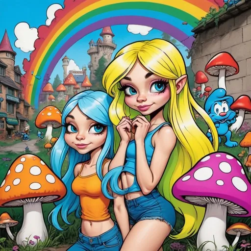 Prompt: Cartoon attitude  characture graffitti blonde neon rainbow long hair the Chester cat and Alice on mushrooms with the smurfs 