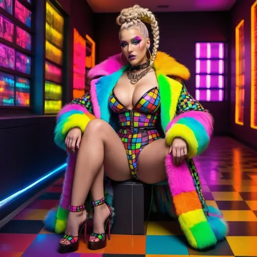 Prompt: Neon cyberpunk medusa microbraided blonde and rainbow hair revealing extra large cleavage full lips
with high heel shoes wearing a matching fur coat and enchanting revealing matching outfit exotic pose  and a matching rainbow checkered floor 
