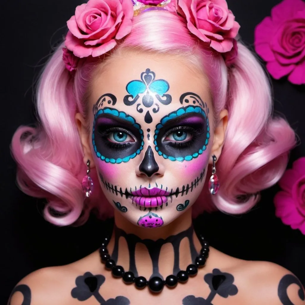 Prompt:  barbie with face art candy skull makeup and cosplay psycadelic and morbid 