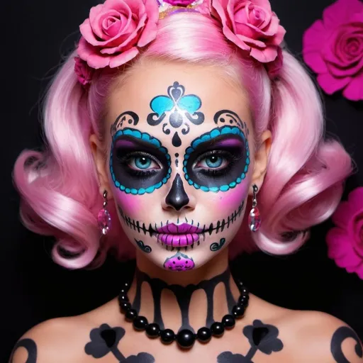 Prompt:  barbie with face art candy skull makeup and cosplay psycadelic and morbid 