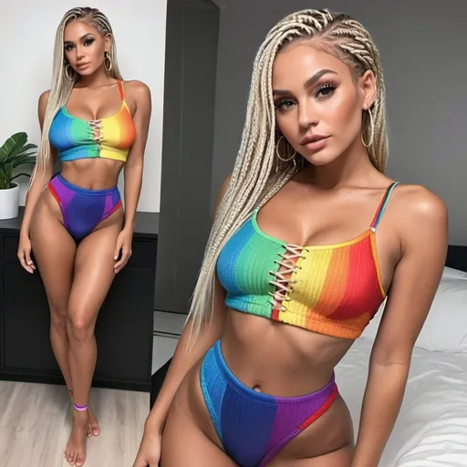 Prompt: A blonde female rainbow micro braided hair crazy design with large cleavage revealing small waist wearing a crop top short cut and high cut night wear 2 piece 