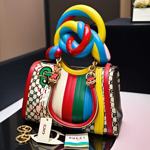 Prompt: BLONDE FEMALE large cleavage revealing RAINBOW MICROBRAIDED HAIR DESIGNER OUTFIT GUCCI MATCHING 2 PIECE WITH DESIGNER SUNGLASSES GUCCI AND DESIGNER GUCCI BAG