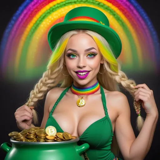 Prompt: A beautiful blonde petite female leprechaun exotic dancer with popping out of a pot of gold bitcoins  with full lips and fill chest size green eyes and rainbow microbraided hair 