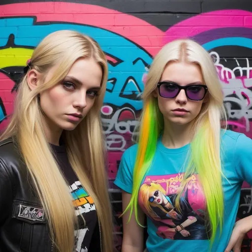 Prompt: graffitti blonde neon rainbow long hair and Alice playing grand theft auto