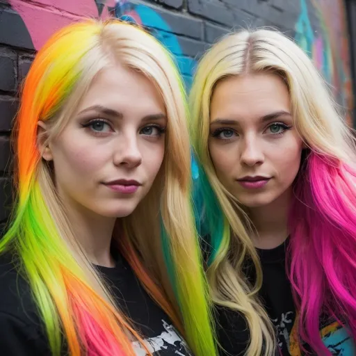 Prompt: graffitti blonde neon rainbow long hair the Chester cat and Alice