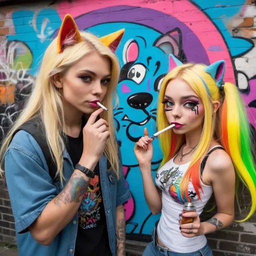 Prompt: Cartoon attitude  characture graffitti blonde neon rainbow long hair the Chester cat and Alice smoking a bong