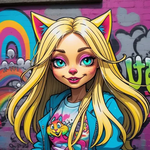 Prompt: Cartoon attitude  characture graffitti blonde neon rainbow long hair the Chester cat and Alice on lsd