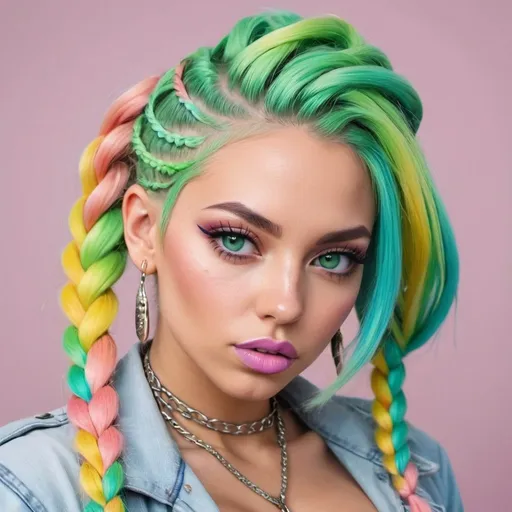 Prompt: Pastel graffiti gangster character green eyes revealing extra lasrge cleavage with rainbow pastel microbraided hair and full lips