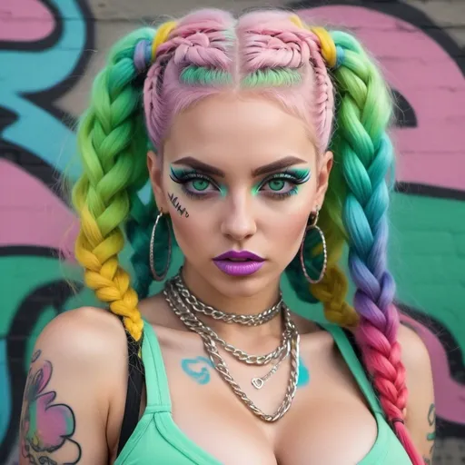 Prompt: Pastel graffiti gangster character green eyes revealing extra large cleavage with rainbow pastel microbraided hair and full lips designer unique loud makeup bold adorn sedusa dont mess with me