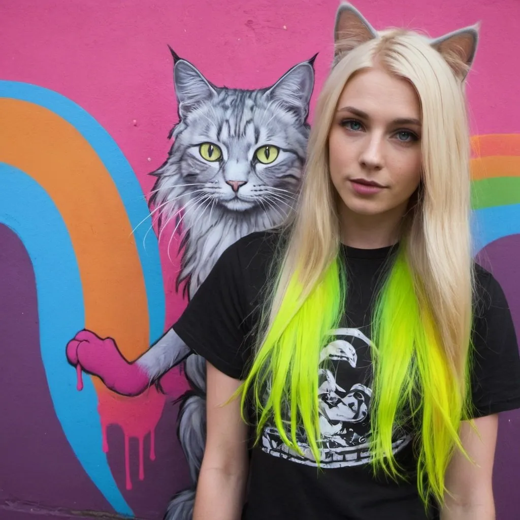 Prompt: graffitti blonde neon rainbow long hair the Chester cat and Alice