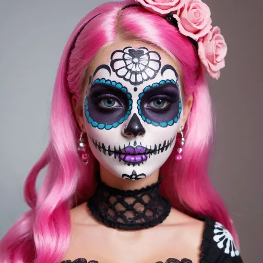 Prompt:  barbie with face art candy skull makeup and cosplay psycadelic and morbid 