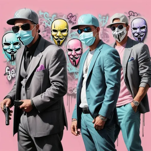 Prompt:  custom gangster graffiti charachters wearing masks pastel