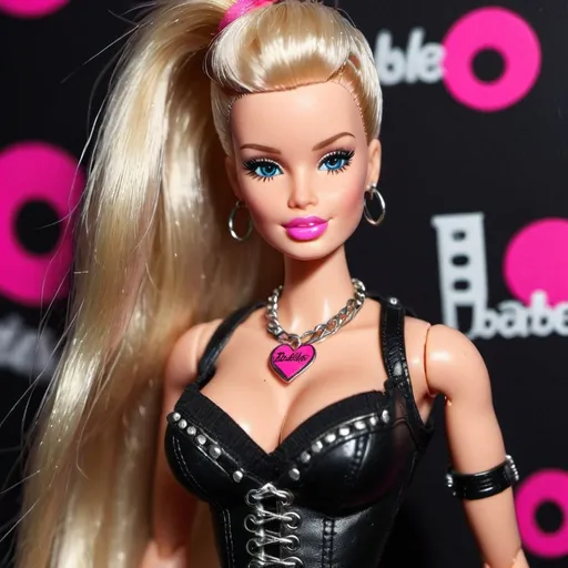 Prompt: Punk rocker barbie designer revelaing extra large cleavage 