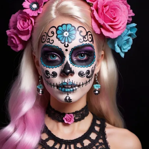 Prompt:  barbie with face art candy skull makeup and cosplay psycadelic and morbid 