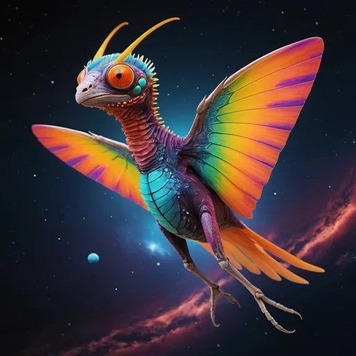 Prompt: A brilliant colorful flying exotic species from another planet creature being 