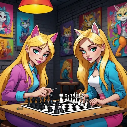 Prompt: Cartoon attitude  characture graffitti blonde neon rainbow long hair the Chester cat and Alice plating a game of chess