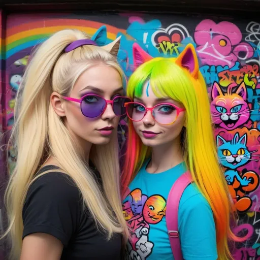 Prompt: Cartoon attitude  characture graffitti blonde neon rainbow long hair the Chester cat and Alice on lsd