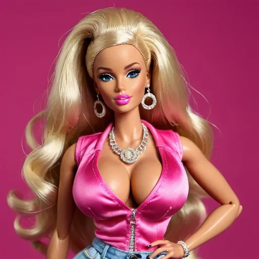 Prompt: Hip hop barbie designer revelaing extra large cleavage 