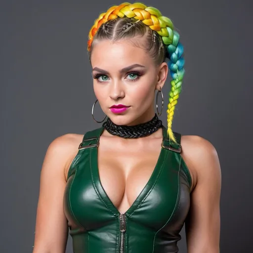 Prompt: White caucasian  Blonde female green eyes  micro braided rainbow colored updo hair wearing matching leather outfit 2 piece revealing large cleavage and mini skirt tight leather  baby gorilla
 