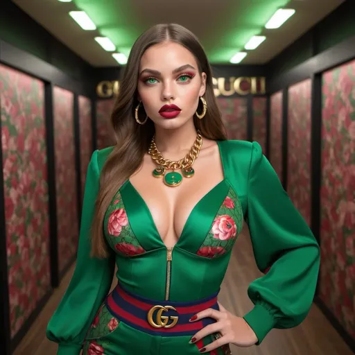 Prompt: Beautiful silicon rounded model perfect destinct face, green vibrant natural colored eyes,with boldest designer outfit REVEALING EXTRA LARGE CLEAVAGE full silicon lips wearing custom 2 piece  designer gucci outfit gucci pattern