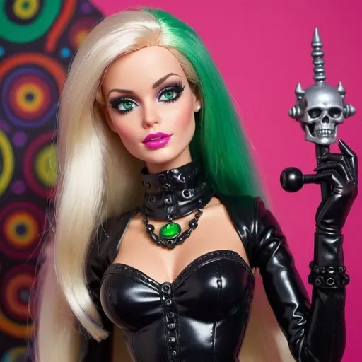 Prompt: Dominatrix barbie with green eyes and cosplay psycadelic and morbid 