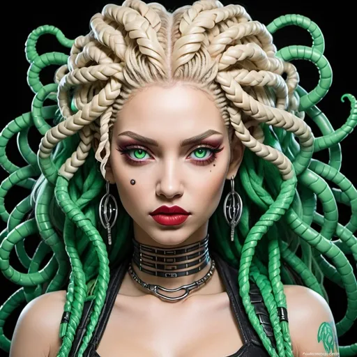 Prompt: Coloring page cyberpunk medusa microbraided blonde hair green eyes red silicon lips 