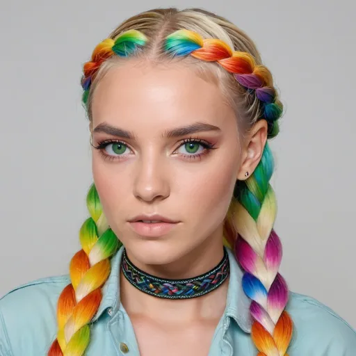 Prompt: A blonde female green eyes  rainbow micro braided hair wearing louis vutton