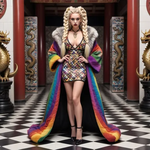 Prompt: microbraided blonde and rainbow hair revealing extra large cleavage full lips
with high heel shoes wearing a matching fur coat and checkered tiled floor with black tribal medusa statues  castle with a kimono dragon 
