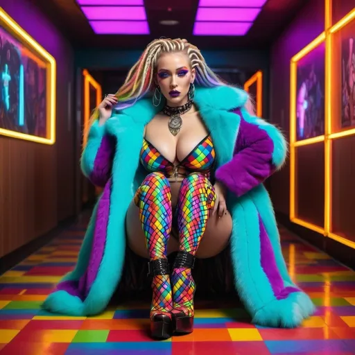 Prompt: Neon cyberpunk medusa microbraided blonde and rainbow hair revealing extra large cleavage full lips
with high heel shoes wearing a matching fur coat and enchanting revealing matching outfit exotic pose  and a matching rainbow checkered floor 
