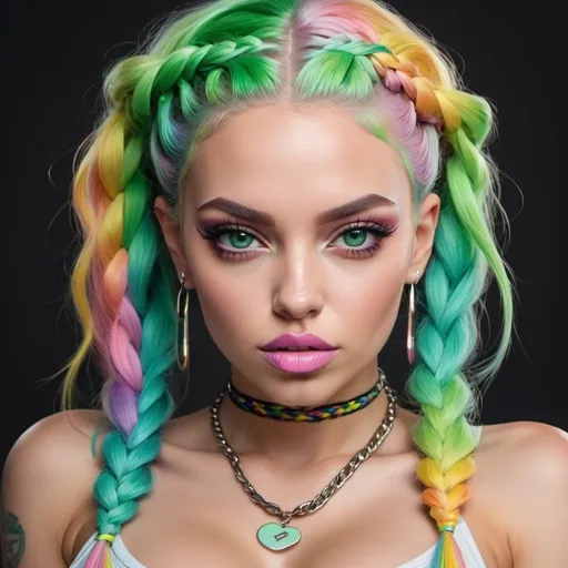 Prompt: Pastel graffiti gangster character green eyes revealing extra lasrge cleavage with rainbow pastel microbraided hair and full lips