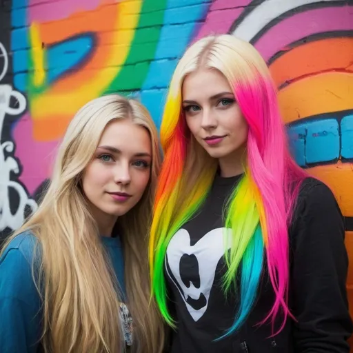 Prompt: graffitti blonde neon rainbow long hair the Chester cat and Alice