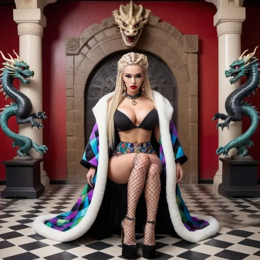 Prompt: microbraided blonde and rainbow hair revealing extra large cleavage full lips
with high heel shoes wearing a matching fur coat and checkered tiled floor with black tribal medusa statues  castle with a kimono dragon 
