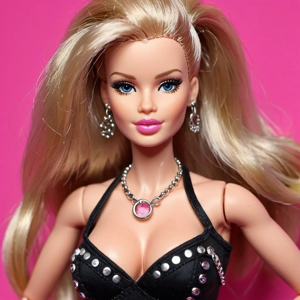 Prompt: Punk rocker barbie designer revelaing extra large cleavage 