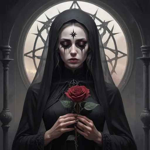 Prompt: A morning star widow holding a blvk rose of sorrow Inside a realm of her own thoughts 