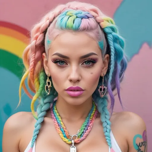 Prompt: Pastel graffiti gangster character revealing extra lasrge cleavage with rainbow pastel microbraided hair and full lips